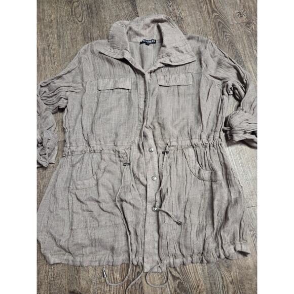 Picadilly Linen Blend Brown Cinch Waist Button Front Blouse Size Large - Picture 1 of 4